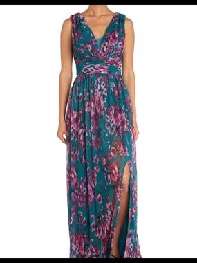 Nightway Teal Floral Maxi Dress with Pink and Purple Blooms Sizen 14